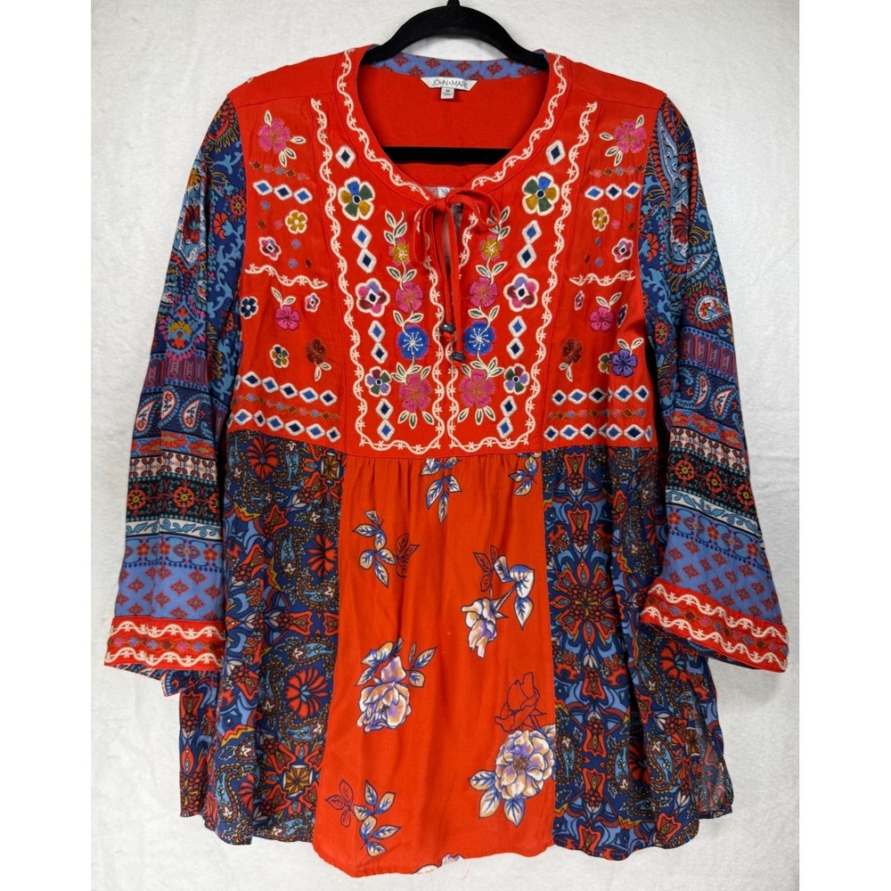 John Mark 3/4 Sleeve Embroidered Tunic Top Women's M Red Patchwork Boho Comfort